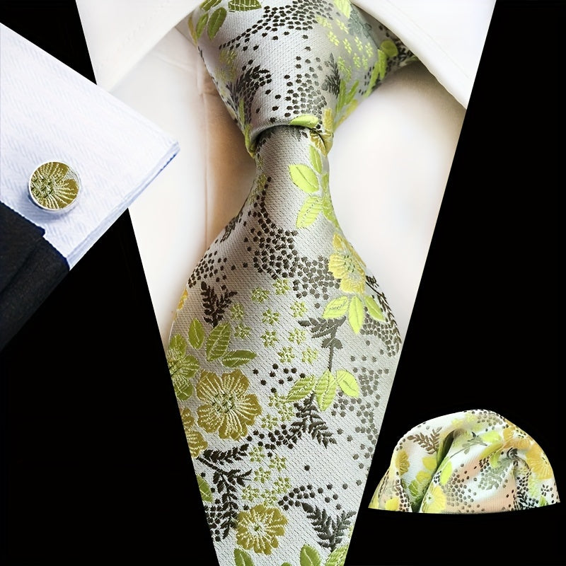 Men's 3-Piece Tie Set Floral Design Polyester Necktie Pocket Square Cufflinks for Weddings Business