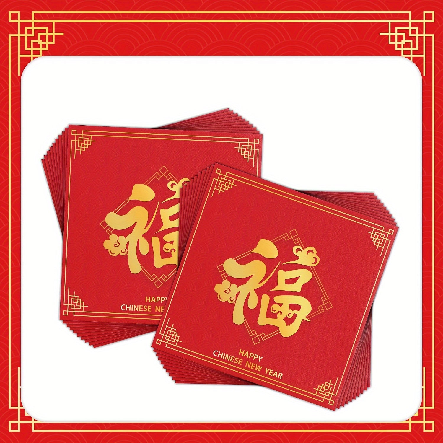 Red Chinese New Year Napkins 3-Ply Multi-Fold Fu Character Gold Accents Festive