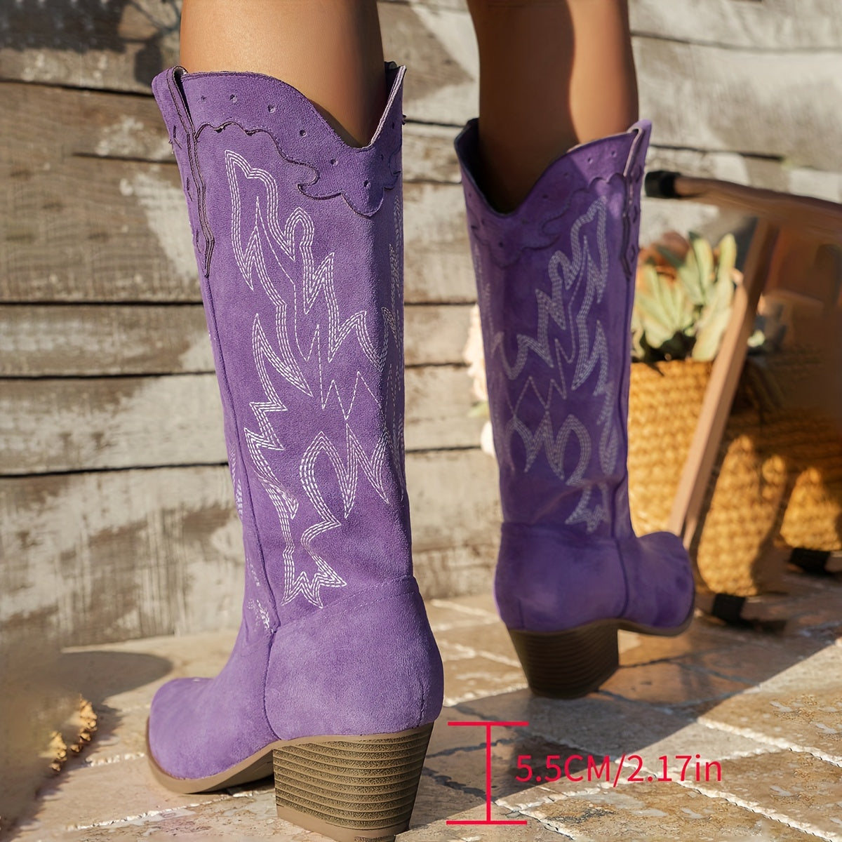 Women’s Western Cowgirl Boots Slip-On Mid-Heel Purple Embroidered