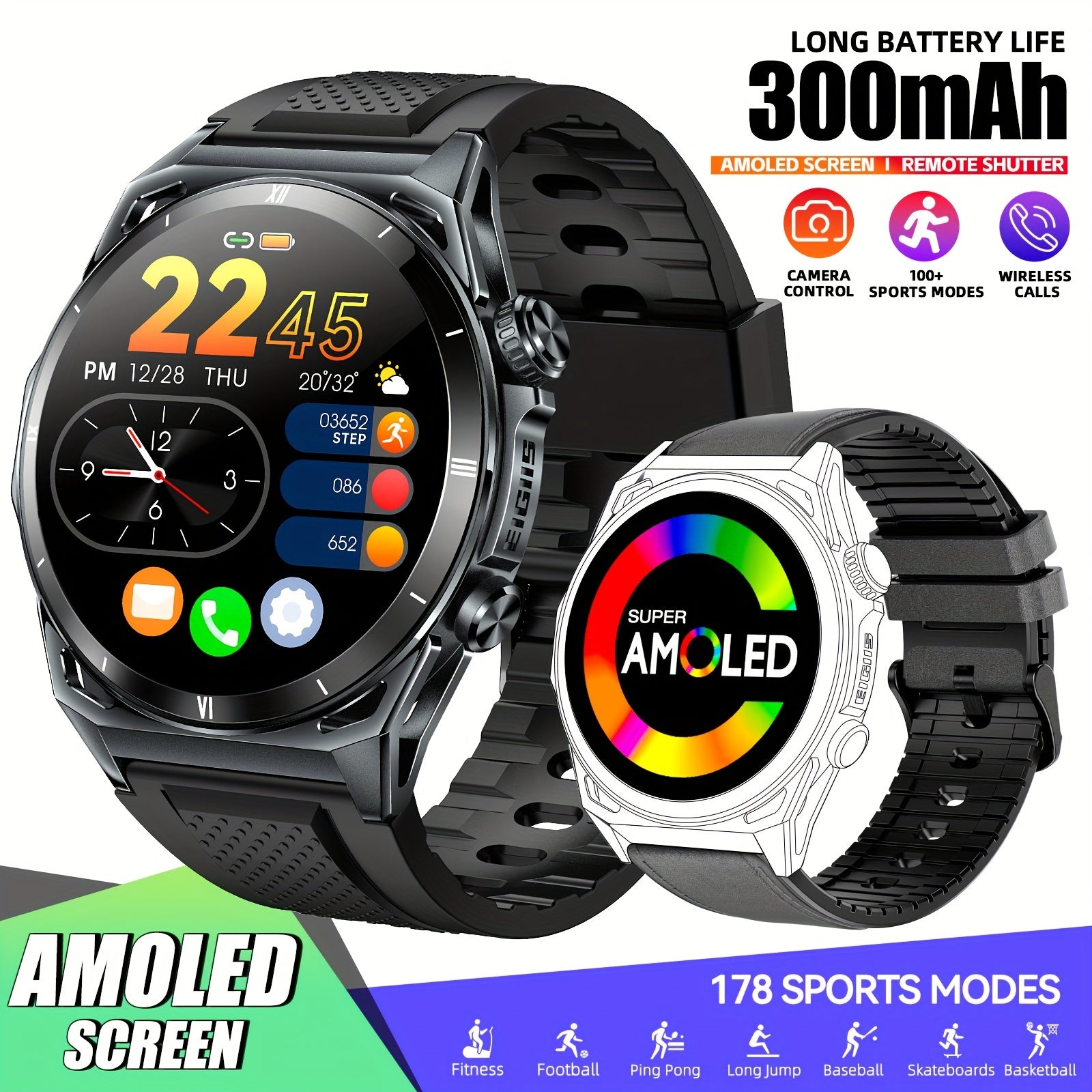 Men's Smartwatch with AMOLED Display 3.63cm Fitness Tracker Call Answering Music Control