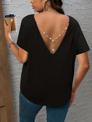 Plus Size Women's Black V-Neck T-Shirt with Pearl Chain Casual Top