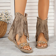 Women Bohemian Fringe Ankle Boots with Flat Insole Beige Fabric Casual