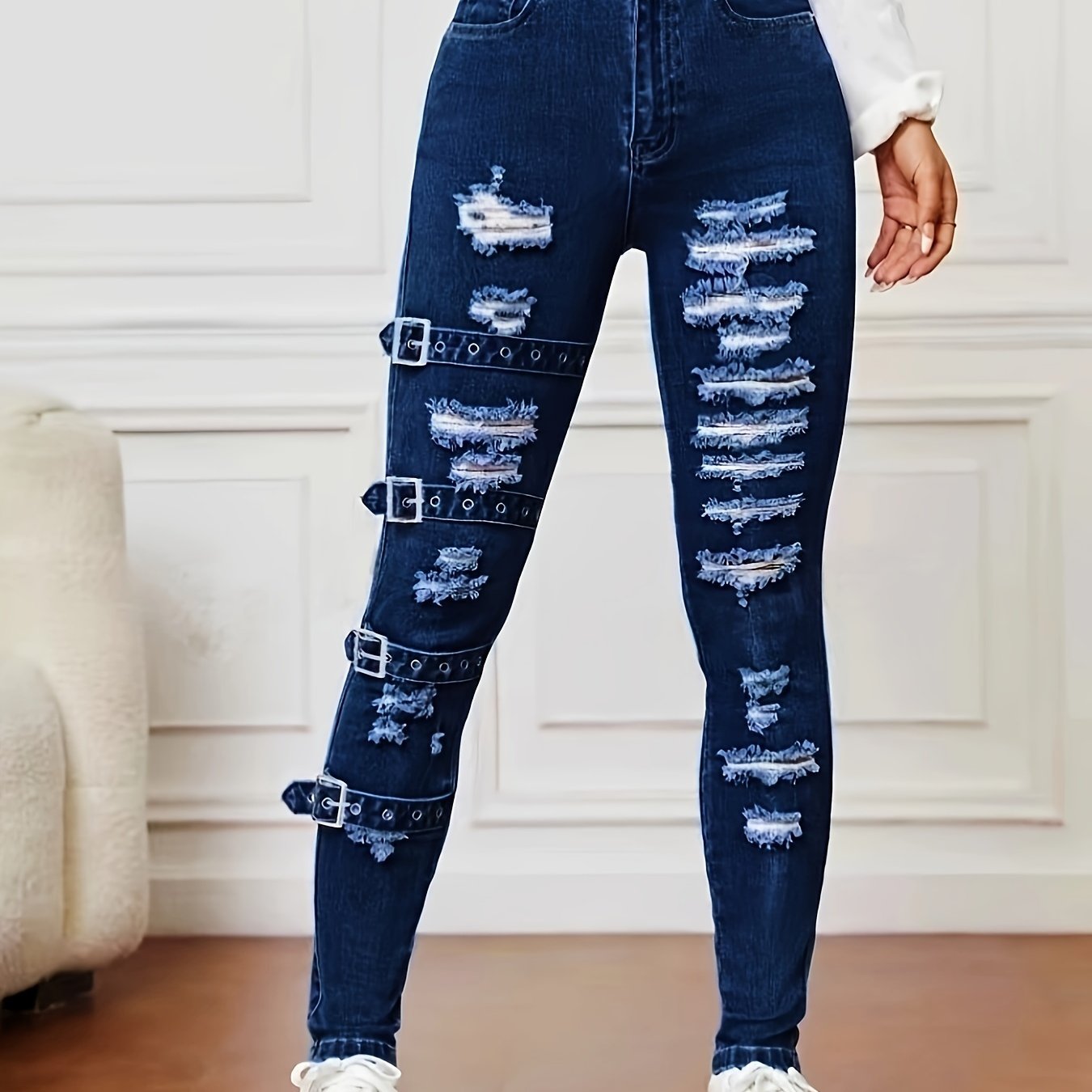 Women's High-Waisted Ripped Skinny Denim Jeans with Stretch Fabric for All Seasons