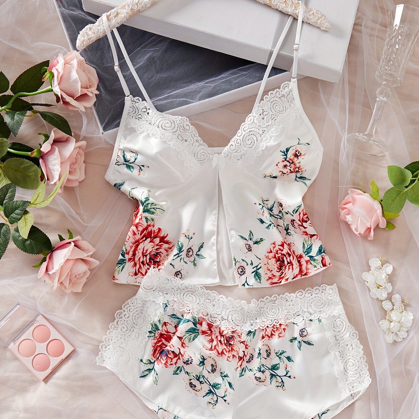 Lace Lingerie Set for Women, Adjustable Straps, Pink, Size S