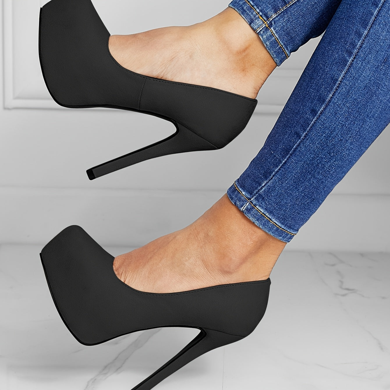 Women Black Stiletto Heels 7 Inch Platform Closed Toe Pumps