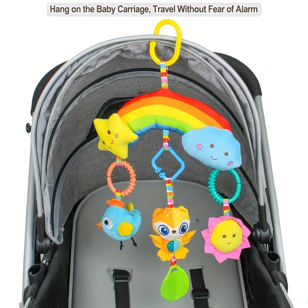 Baby Rainbow Hanging Toy for Infants Soft Rattle and Animal Charm for Strollers Car Seats Cribs