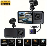 3-камерный автомобильный видеорегистратор с ночным видением, 1080P, широкий угол 170°