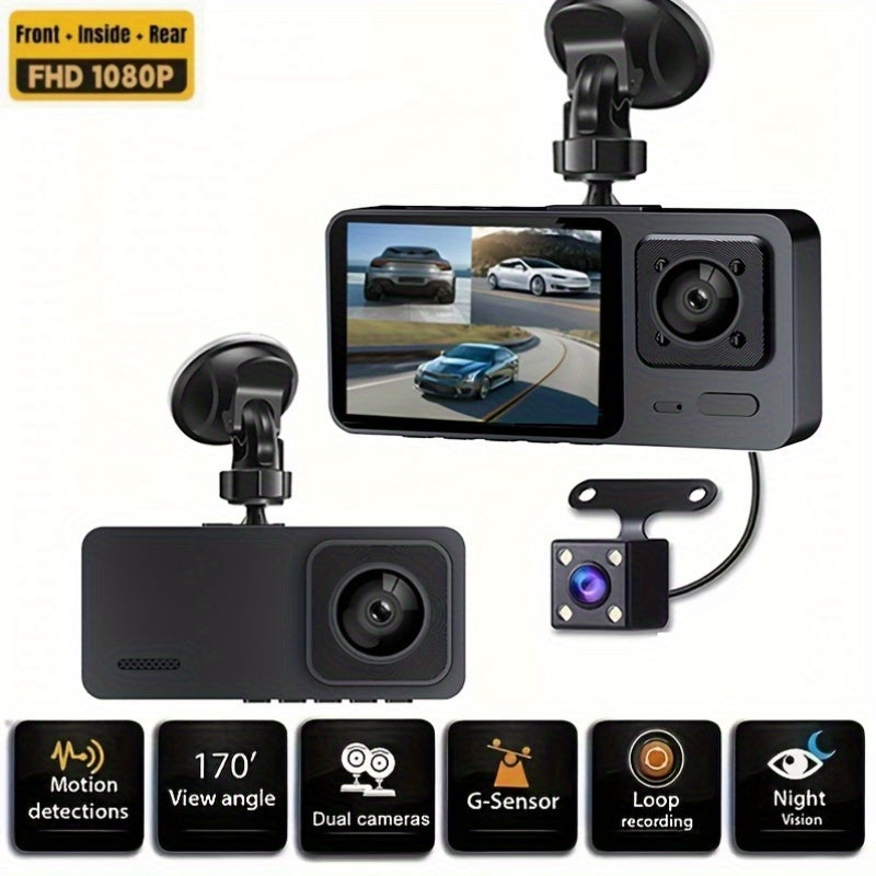 Cámara de tablero para coche de 3 cámaras con visión nocturna, 1080P, ángulo amplio de 170°