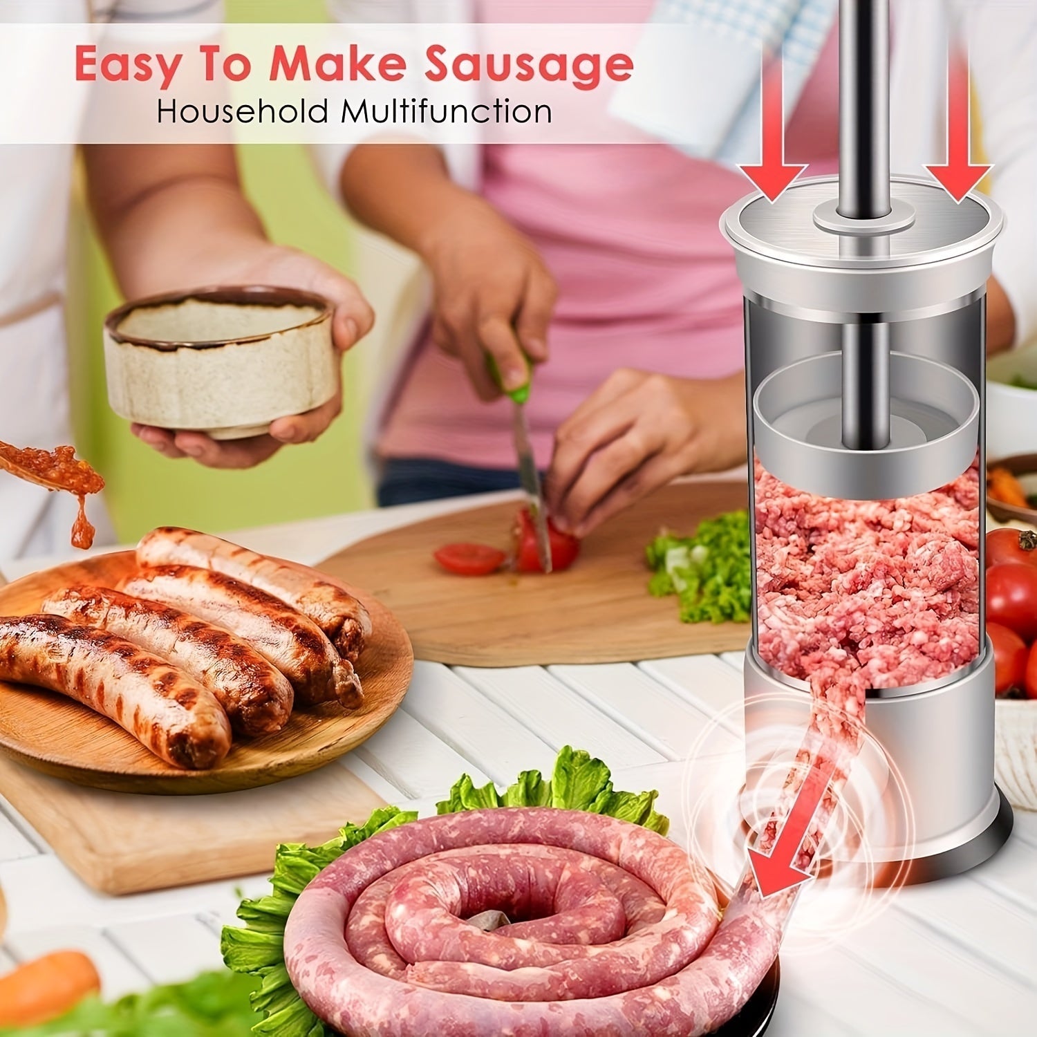 Stainless Steel Sausage Stuffer Machine with Tubes Manual Salami Maker Kitchen Tool