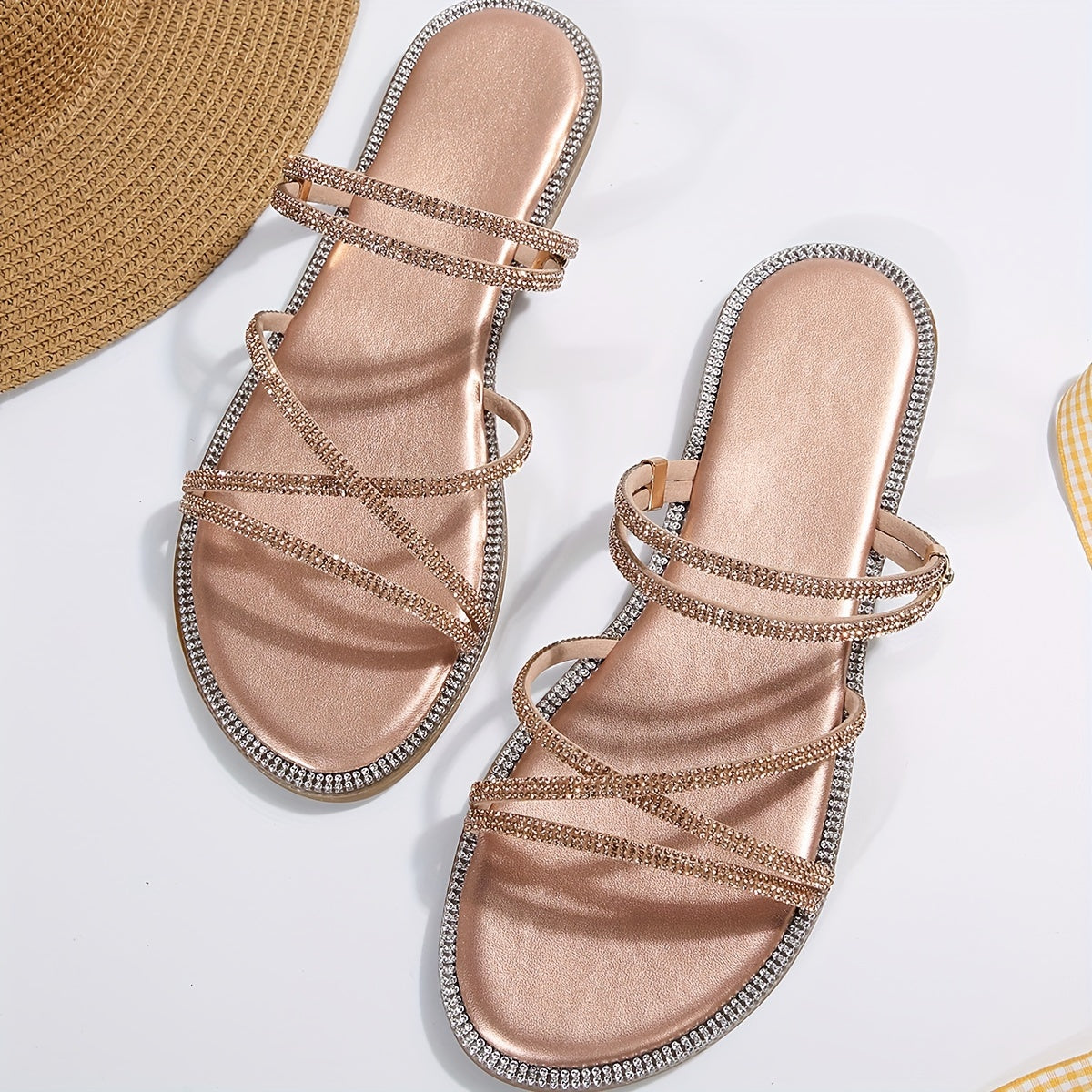 Women's Rhinestone Flat Slide Sandals Open-Toe Slip-On Adjustable Strap