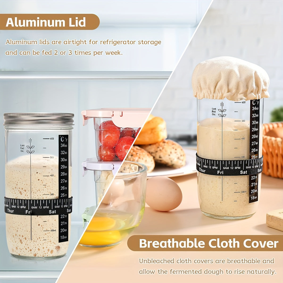 Sourdough Starter Kit with Glass Jar Thermometer Cloth Cover and Metal Lid