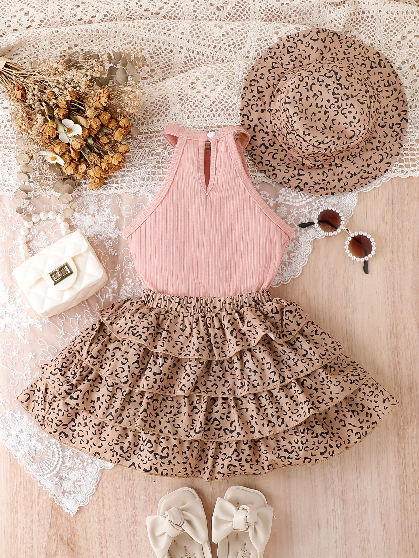 Girls Summer Outfit Set with Leopard Print Bandeau Top Tiered Skirt and Hat for Kids