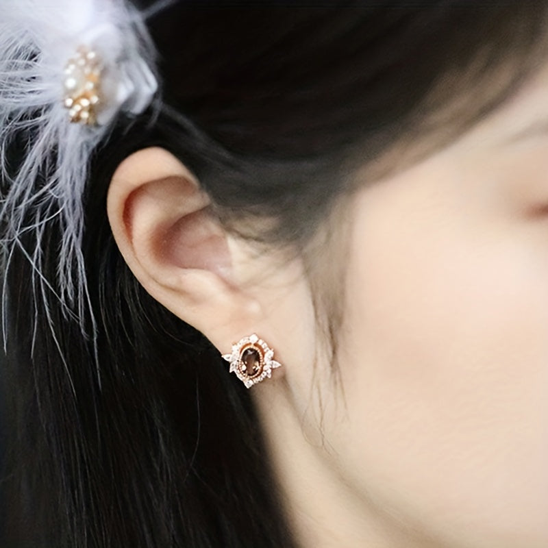 Sterling Silver Stud Earrings for Women with Brown Zirconia Decor