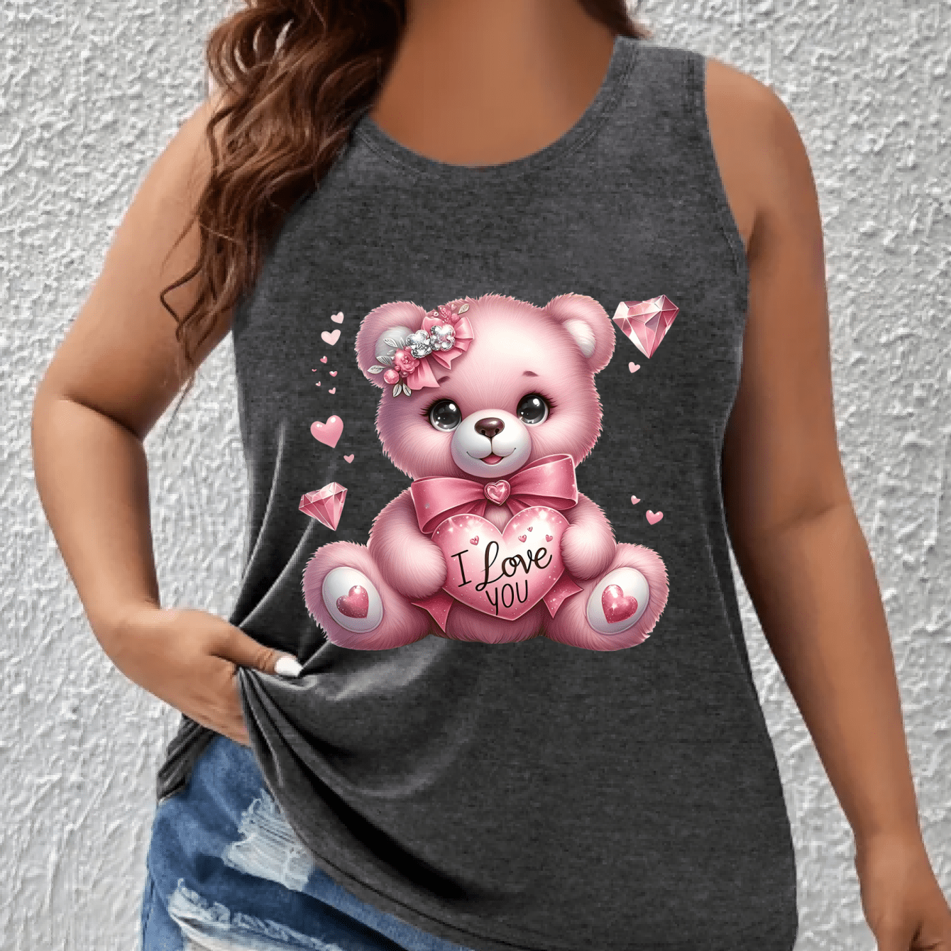 Women's Plus Size Cotton Blend Tank Top Cute Cartoon Bear Pink Sleeveless Shirt