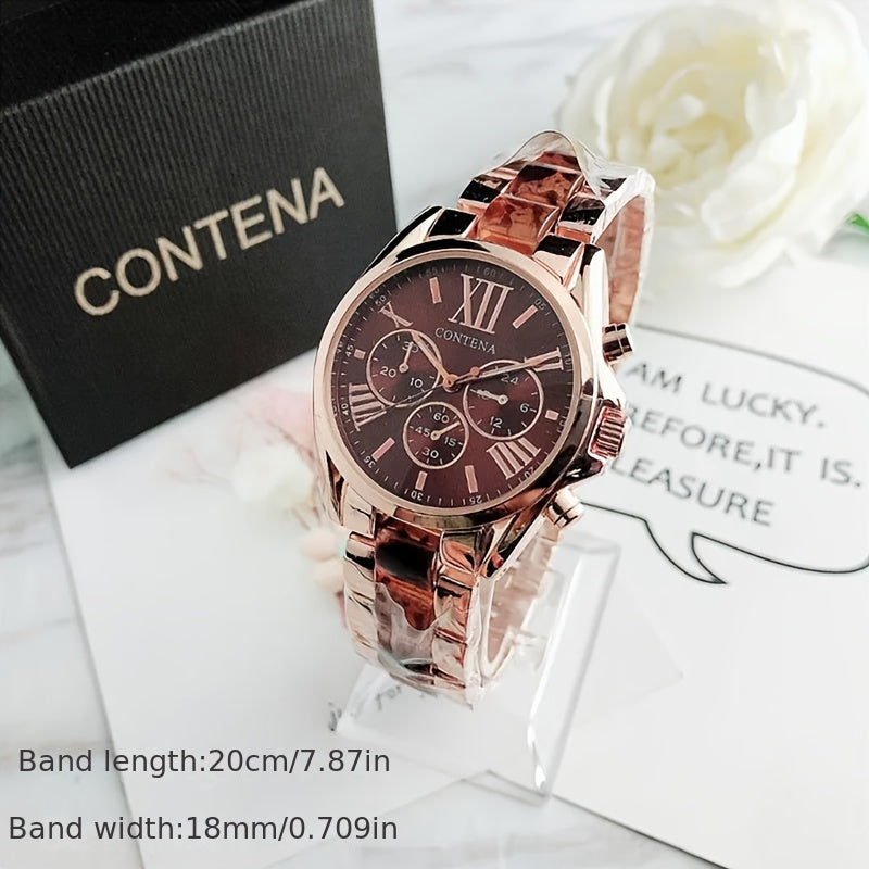 Reloj de mujer en oro rosa con cuarzo, fases lunares y calendario, pulsera de acero inoxidable