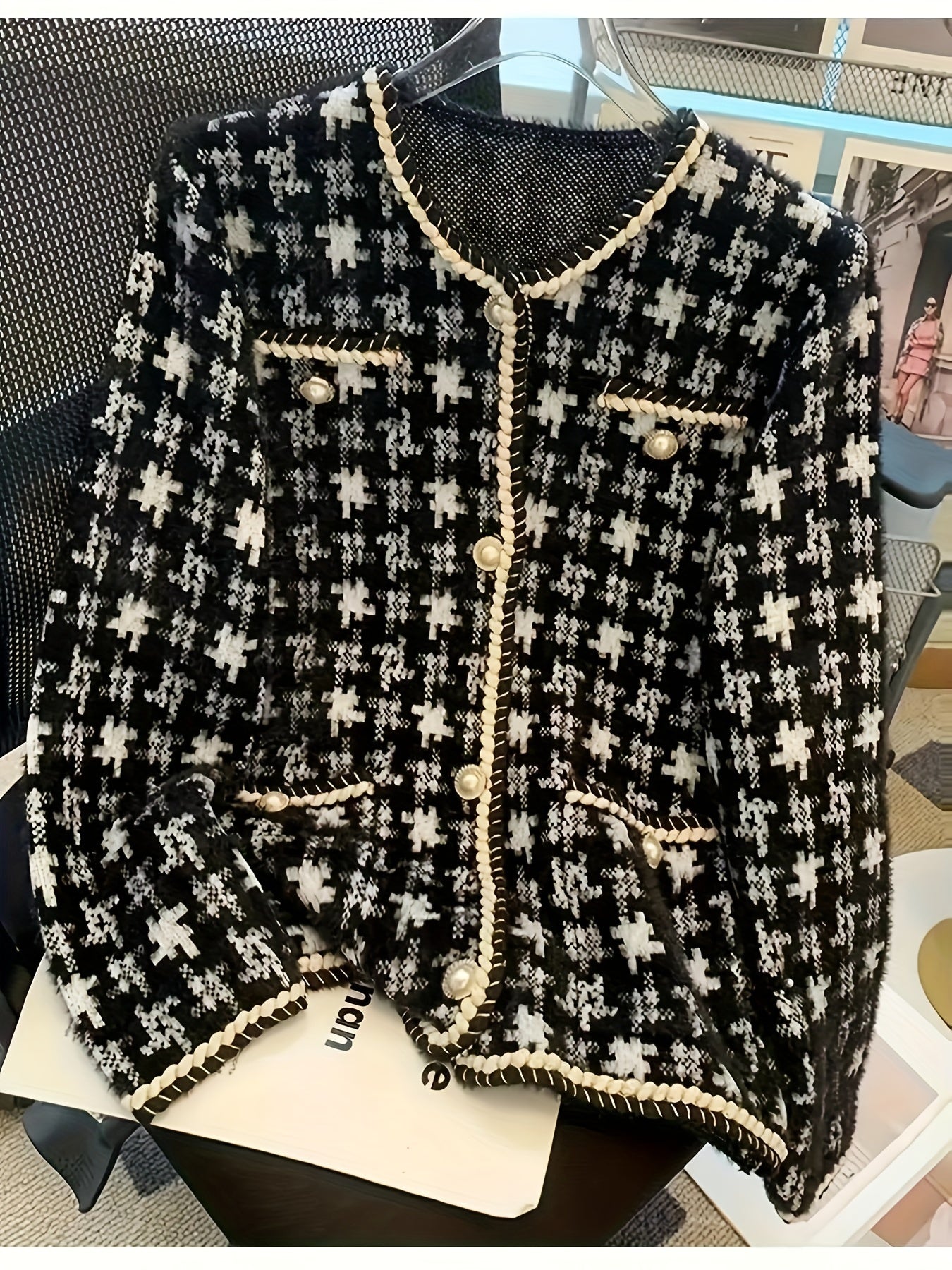 Women's Houndstooth Knit Cardigan Long Sleeve Open Front Fall Spring Casual