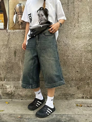 Vintage-Style Knee-Length Denim Shorts with Mesh Detail and Loose Fit