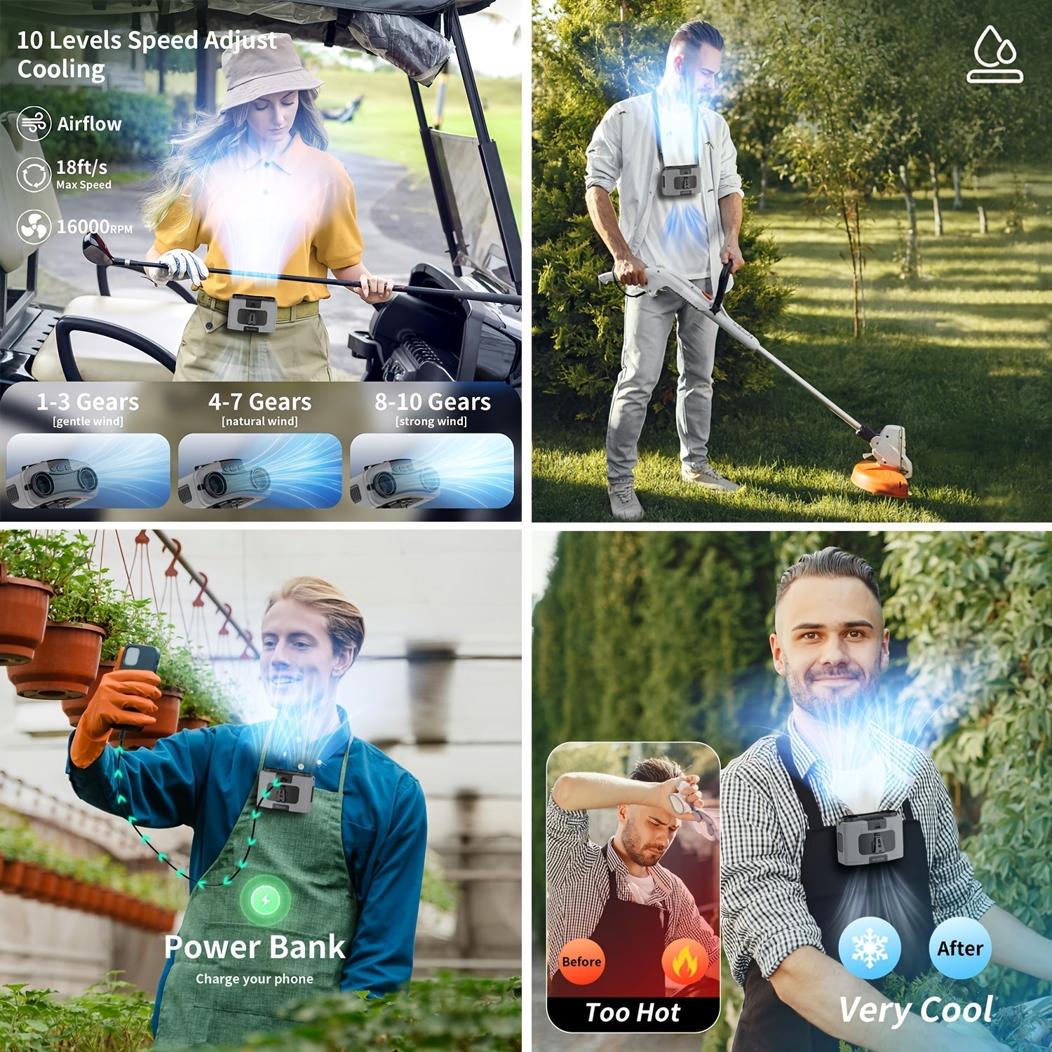 Wearable Waist Fan with Rechargeable Battery, 10 Speed Settings, Portable