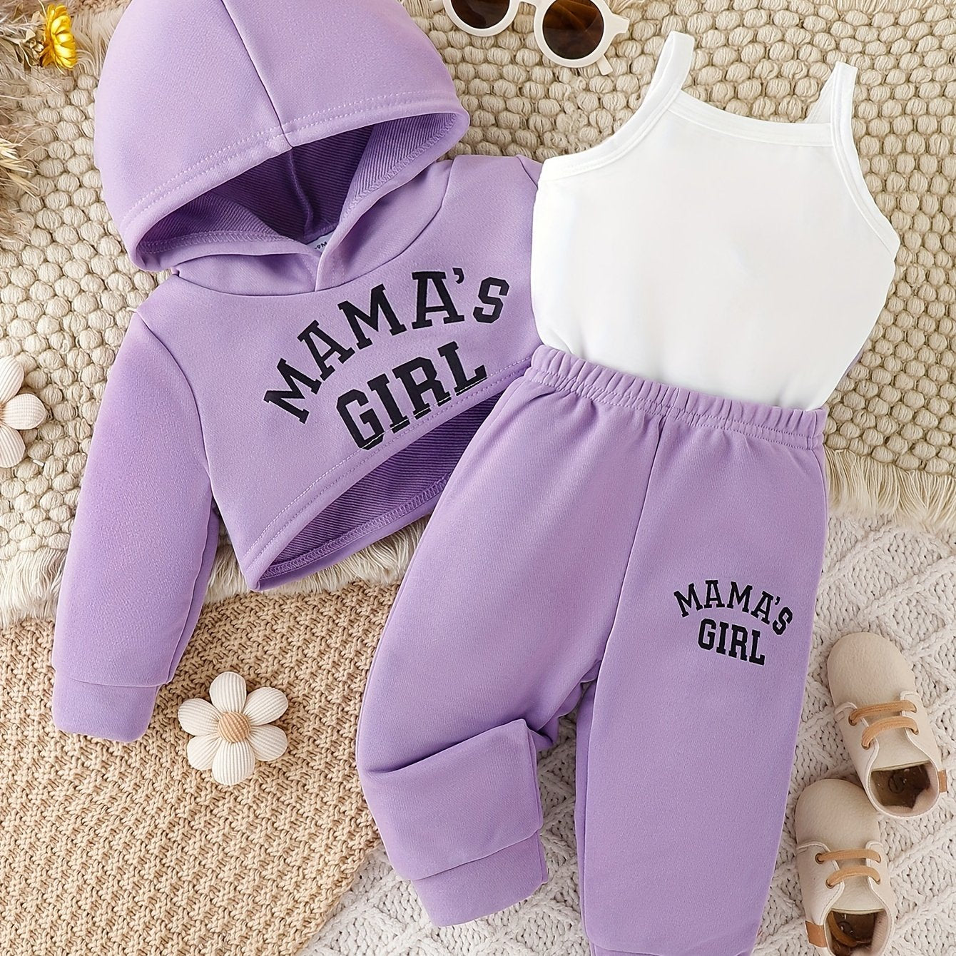 Girls Baby Casual Letter Print 3-Piece Outfit Hoodie Cami Pants Fall Winter