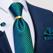 Men's Tie Set with Paisley Plaid and Striped Designs Including Pocket Square Cufflinks Ring