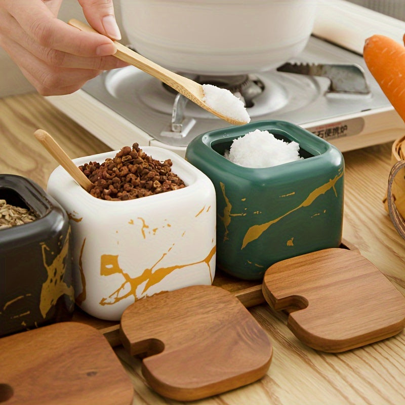 Ceramic Spice Set with Salt and Pepper Jars and Wooden Lids for Kitchen Decor