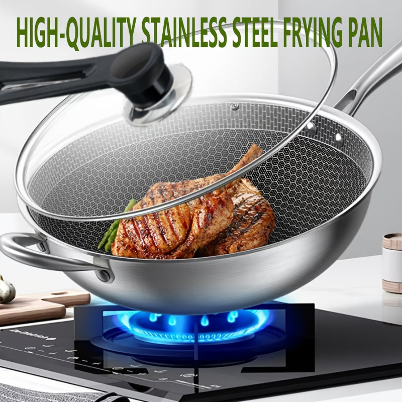 Stainless Steel Wok Pan with Glass Lid Non-Stick Induction Gas Suitable for Fish Eggs Steak