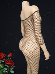 Women's Mesh One-Piece Bodysuit with Stockings, Long Sleeve, Breathable Large Size