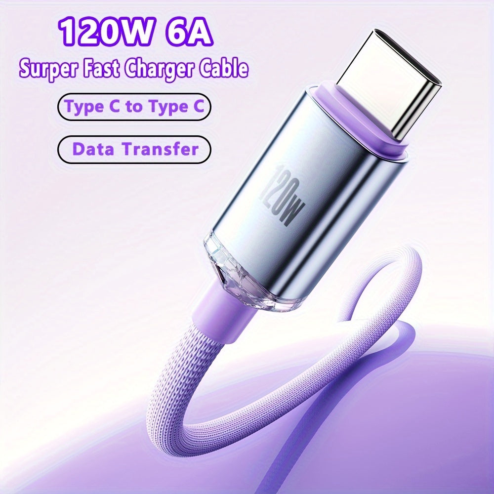 USB-C to USB-C Fast Charging Cable 120W 6A Data Sync Flat PVC for Android Devices