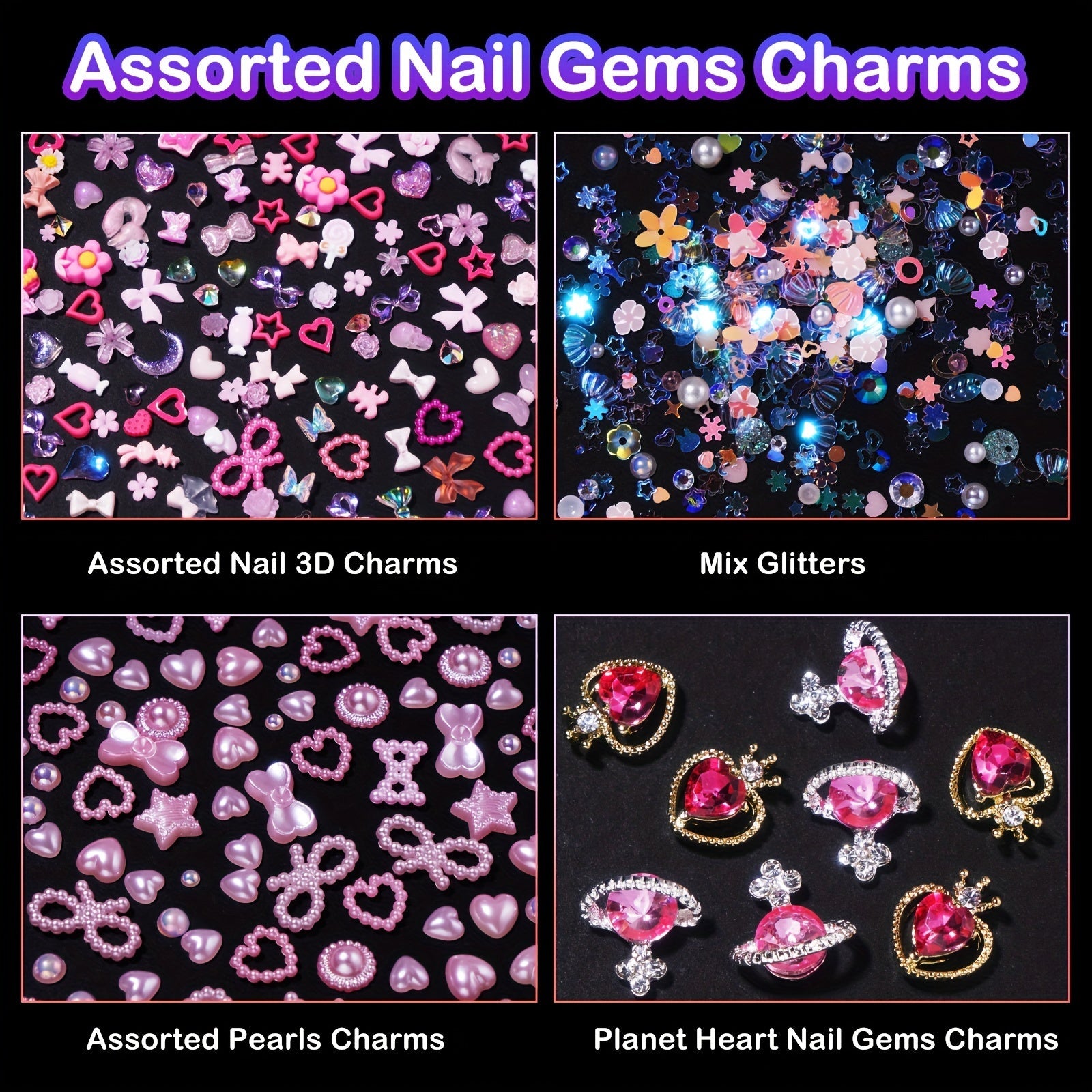 Pink 3D Nail Art Charms with Pearls Gems Hearts Bows for Manicure and Jewelry