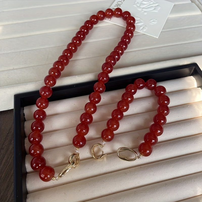 Vintage etnik uslubdagi 2-qismli karneol marjon va bilaguzuk to'plami, tabiiy tosh, 12mm to'plar bilan. Aprel tug'ilgan toshi. Har mavsumda kiyish uchun sun'iy toshdan tayyorlangan. Kundalik, ta'til, Oyning Yangi Yili va bayram ziyofatlari uchun ideal.