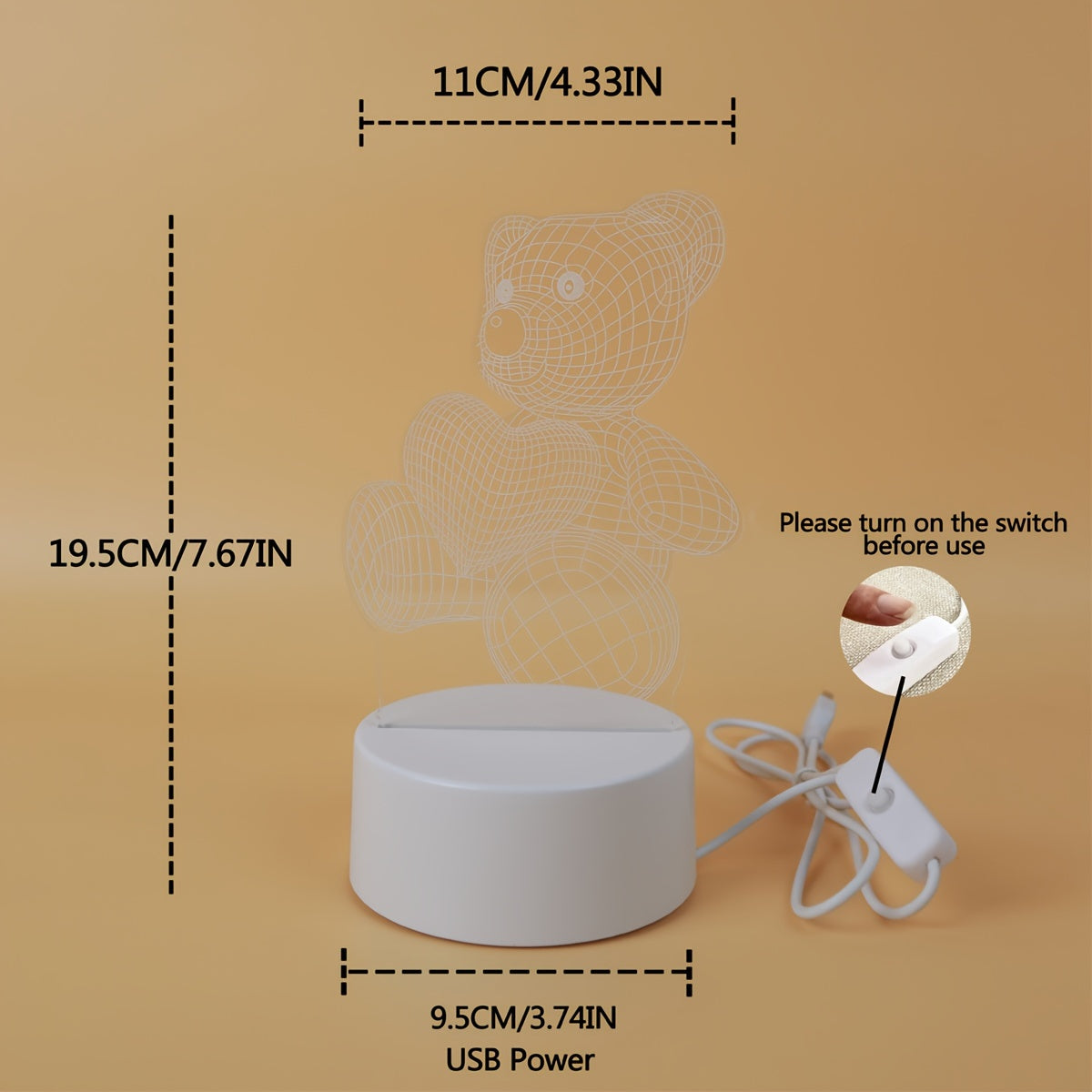 Luz nocturna de corazón rosa en 3D con oso, alimentada por USB, control con interruptor, decoración moderna para dormitorio