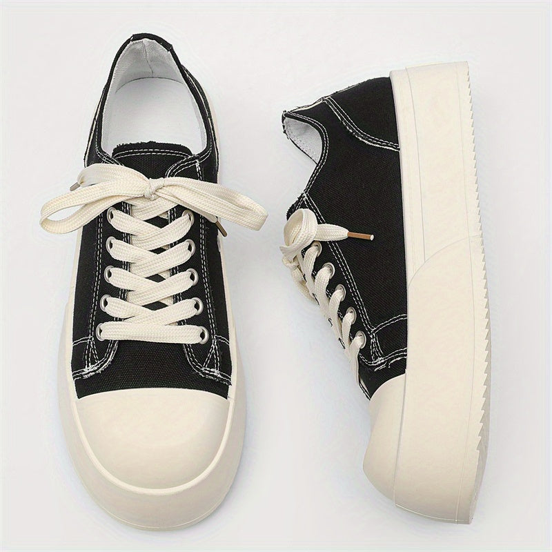 Men Women Canvas Chunky Platform Derby Shoes Black White Rubber Sole