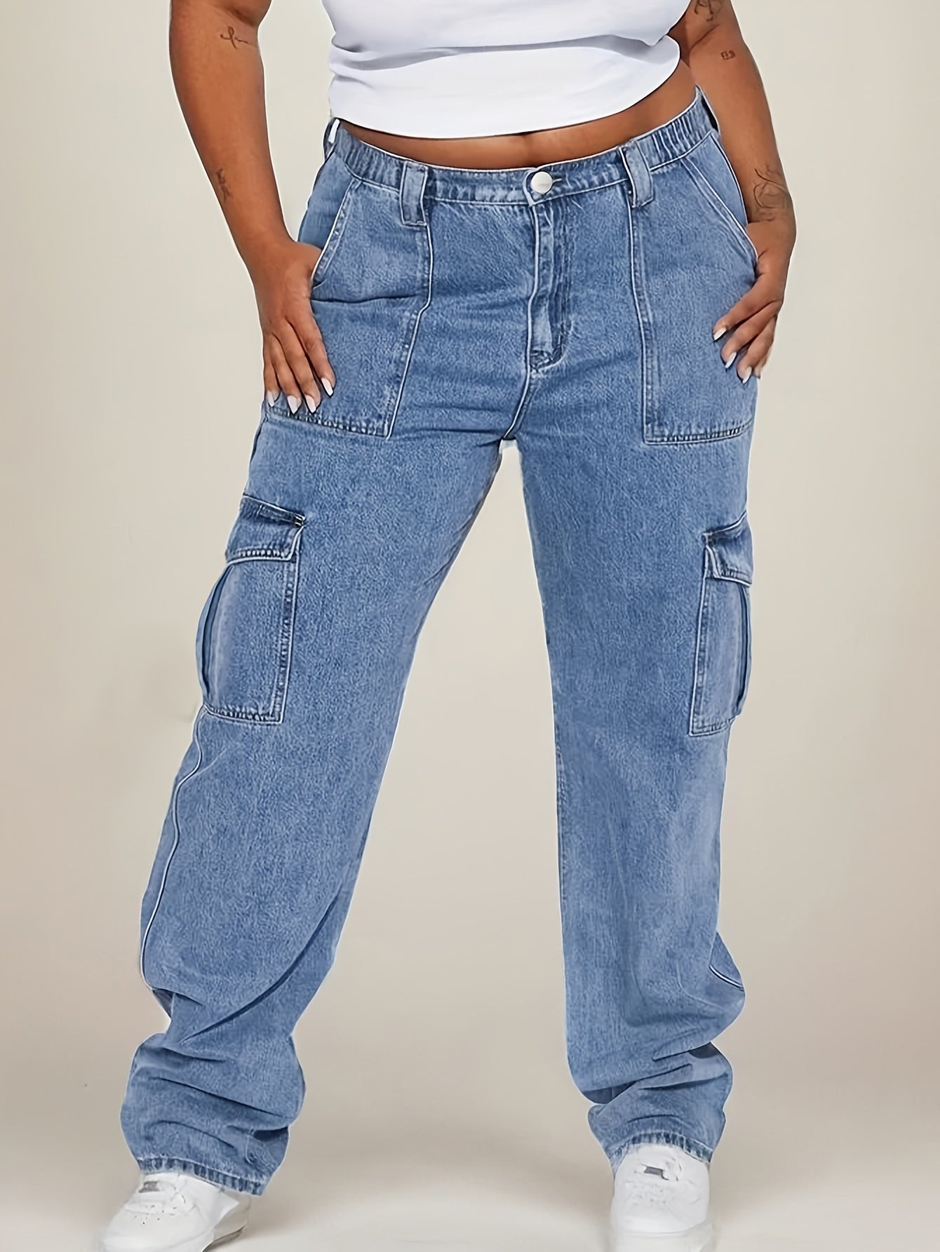 Women's Plus Size Denim Wide Leg Jeans Elastic Waist Multi Pocket Solid Color