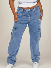 Women's Plus Size Denim Wide Leg Jeans Elastic Waist Multi Pocket Solid Color