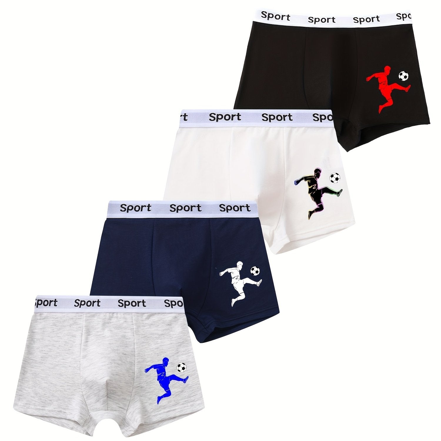 Boys Cotton Boxer Briefs 4-Pack with Football Print Breathable Sweat-Wicking Comfortable Fit