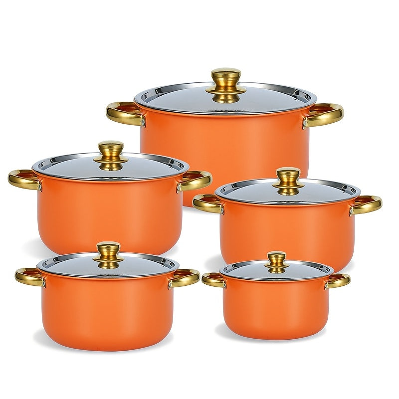 Set of 5 Orange Stainless Steel Cookware Pots with Lids for All Stovetops