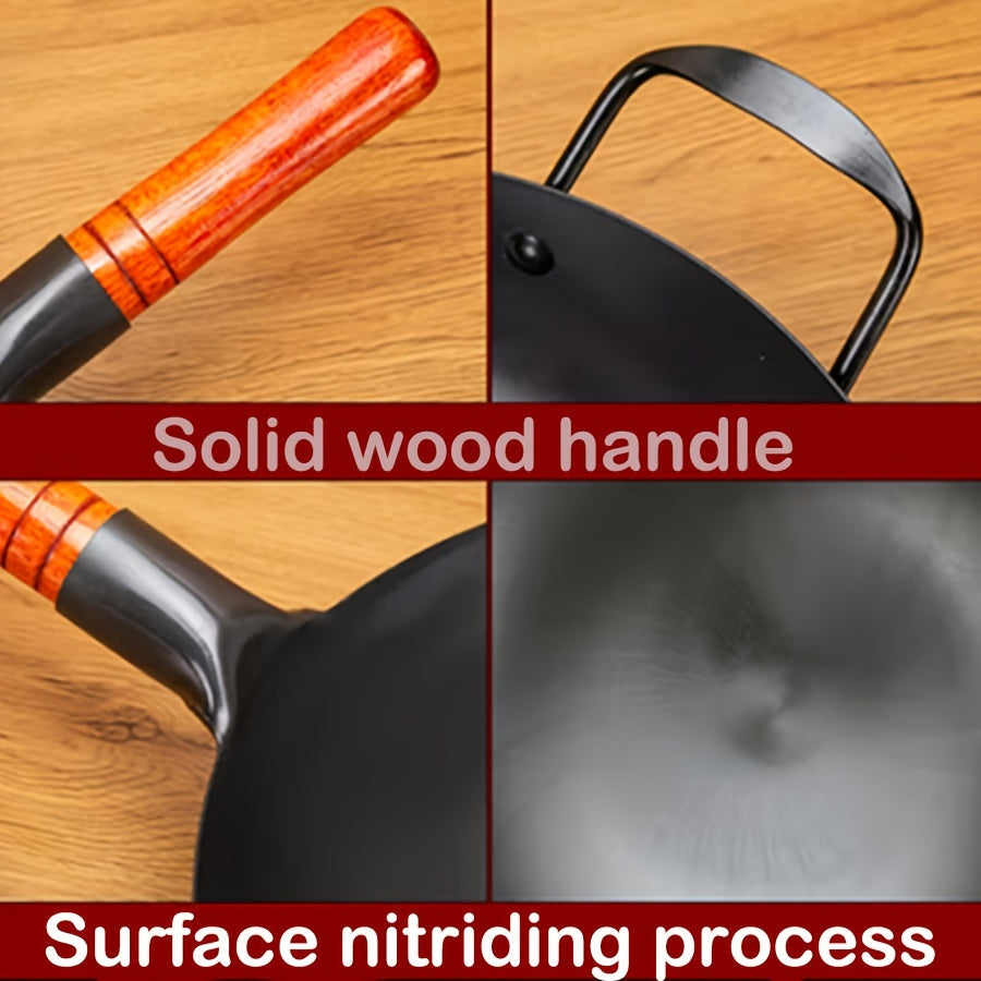 Traditional Chinese Cast Iron Wok with Wooden Handle Non-Stick Surface for Gas Stoves