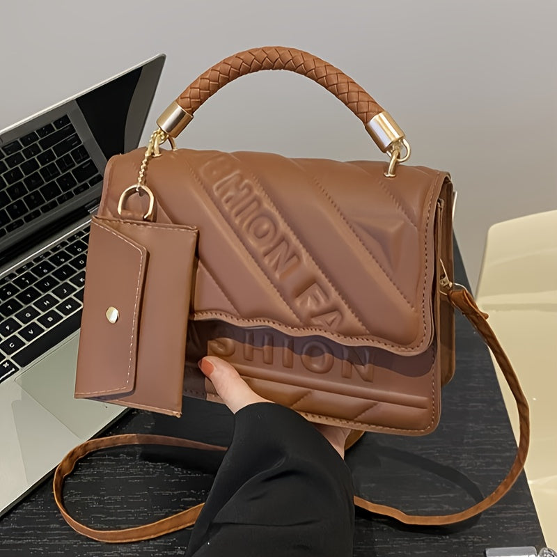 Chic ayollar uchun kesilgan sumka, tangalar uchun cho'ntak, braidlangan tutqich, oltin rangli apparatura, "FASHION" naqshi bilan bosilgan, chuqur jigarrang/qora rang, har qanday holat uchun ideal.