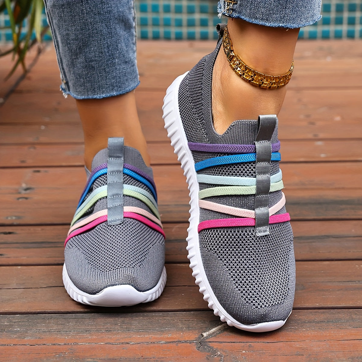 Women's Slip-On Casual Sneakers Breathable Fabric Pastel Stripes