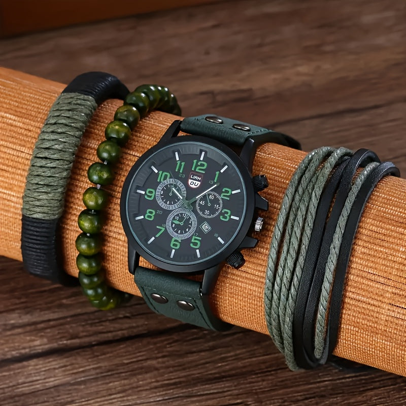 Men's Quartz Watch and Bracelets Set with Round Calendar Dial and Leather Straps