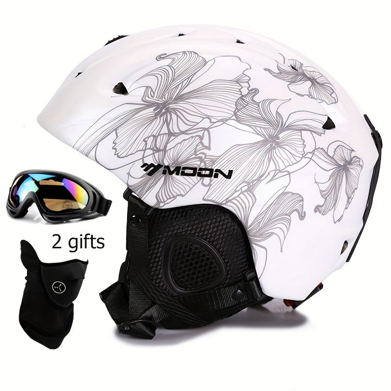 Universal MOON ski helmet, integrally-molded PC material, nafas oladigan ventilar, bosh o'lchamini sozlash mumkin, tish padlari, ko'zoynaklarni qulflash, va olib tashlanadigan quloq padlari bilan, qor sportida kattalar xavfsizligi uchun.