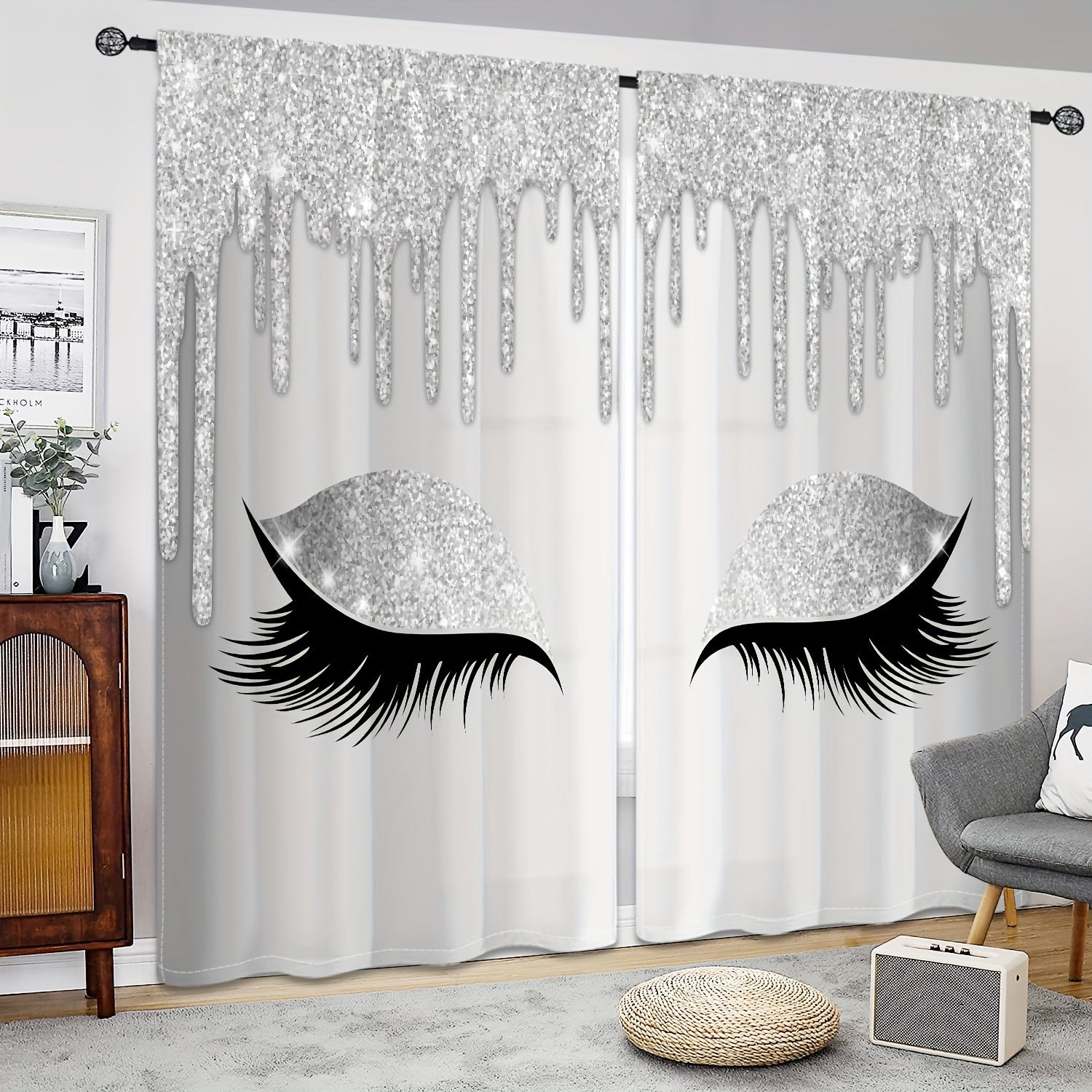 Set of Two Eyelash Printed Curtains, Rod Pocket Window Treatments for Bedroom and Living Room