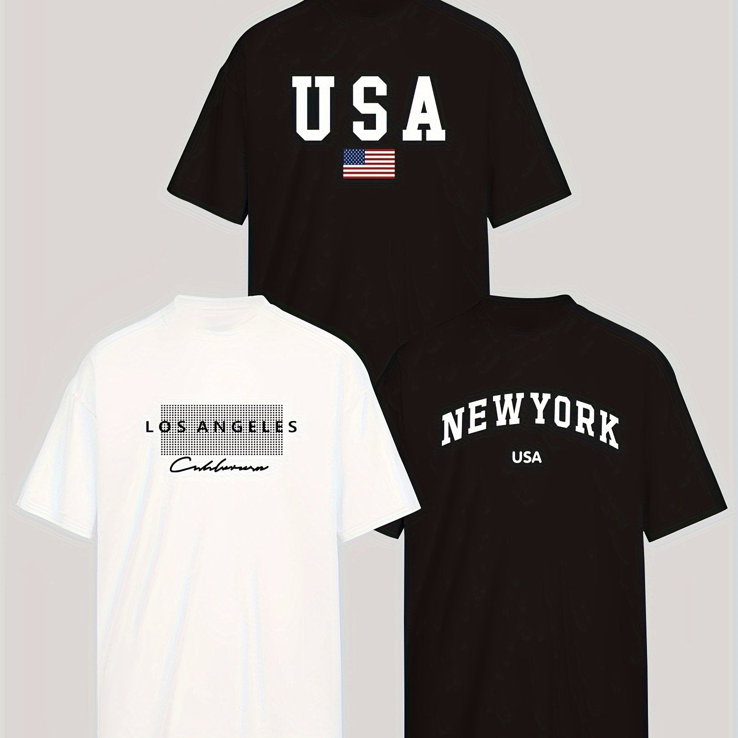 Men's and Women's Short Sleeve T-Shirts Set of 3 with Los Angeles, New York, USA Prints Breathable Polyester