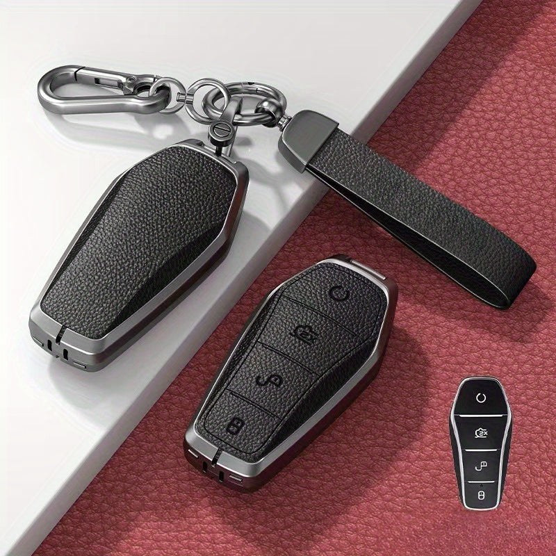 Universal Zinc Alloy PU Car Remote Key Fob Cover with Keychain for 4-Button Models