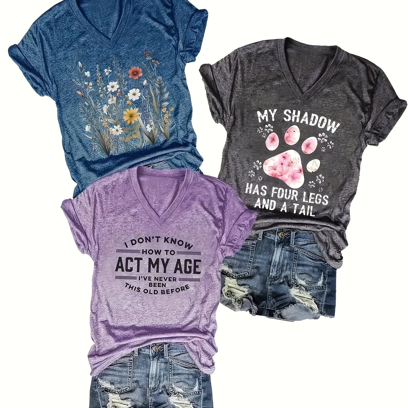 Women's Printed V-Neck T-Shirts Casual Short-Sleeve Spring Summer Pack of 3