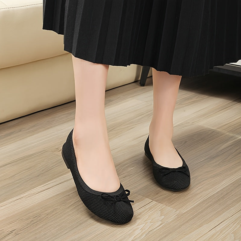 Bailarinas de punto transpirables para mujer con lazo, zapatos casuales sin cordones