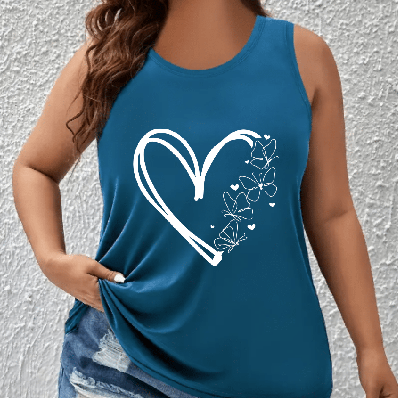 Plus Size Womens Navy Blue Tank Top with Heart and Butterfly Design Sleeveless Activewear