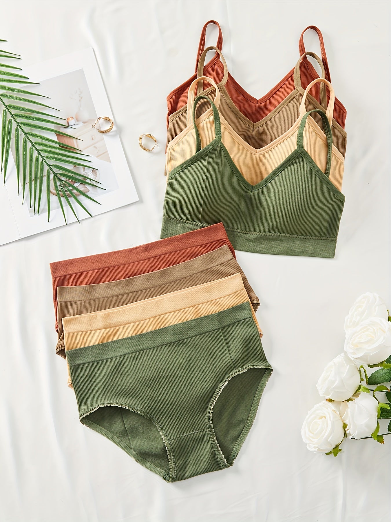 Women's Ribbed Bralette and High-Waisted Panty Set in Assorted Colors Lingerie