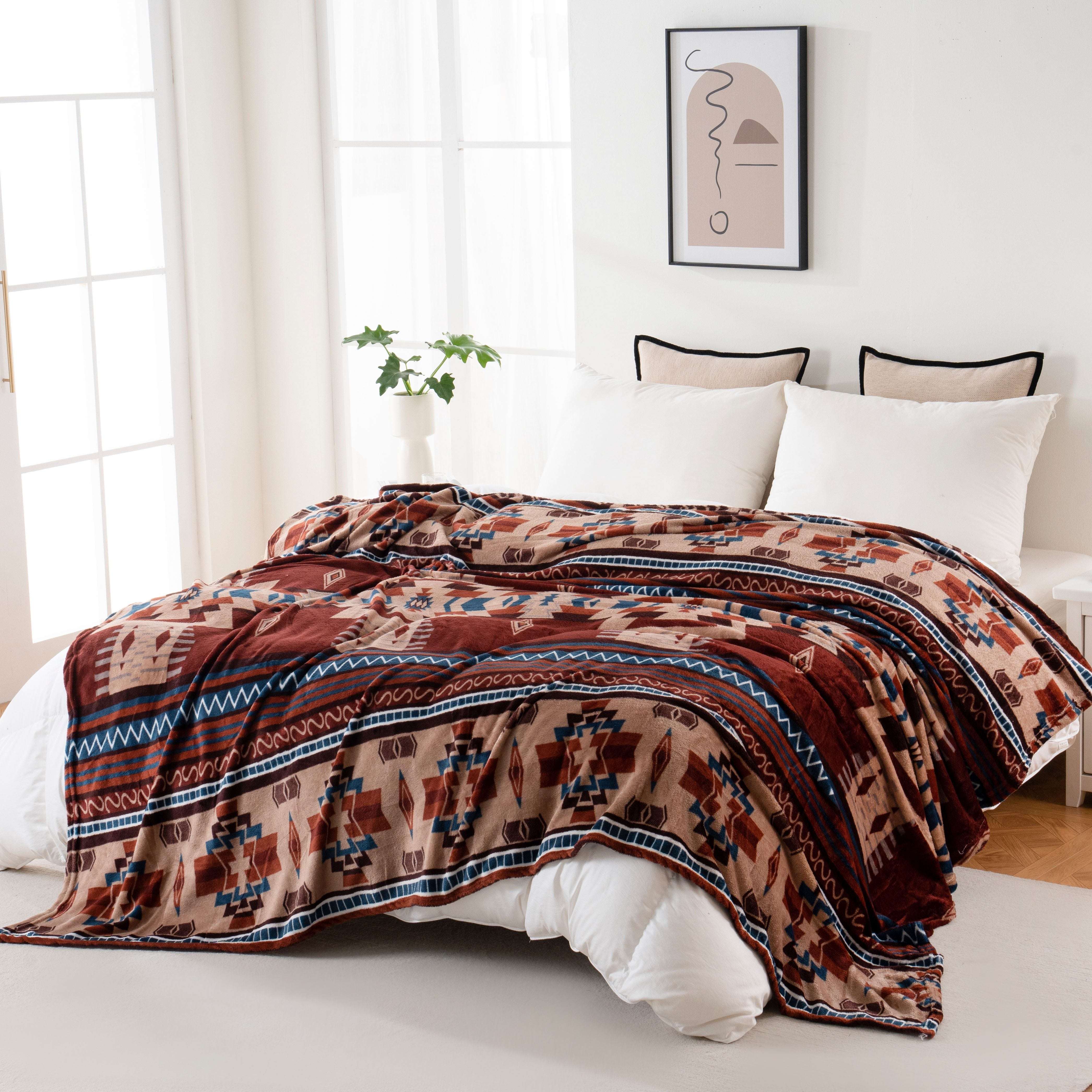 Manta de franela boho-chic de 200GSM suave, cálida y ligera para sofá, cama y viajes