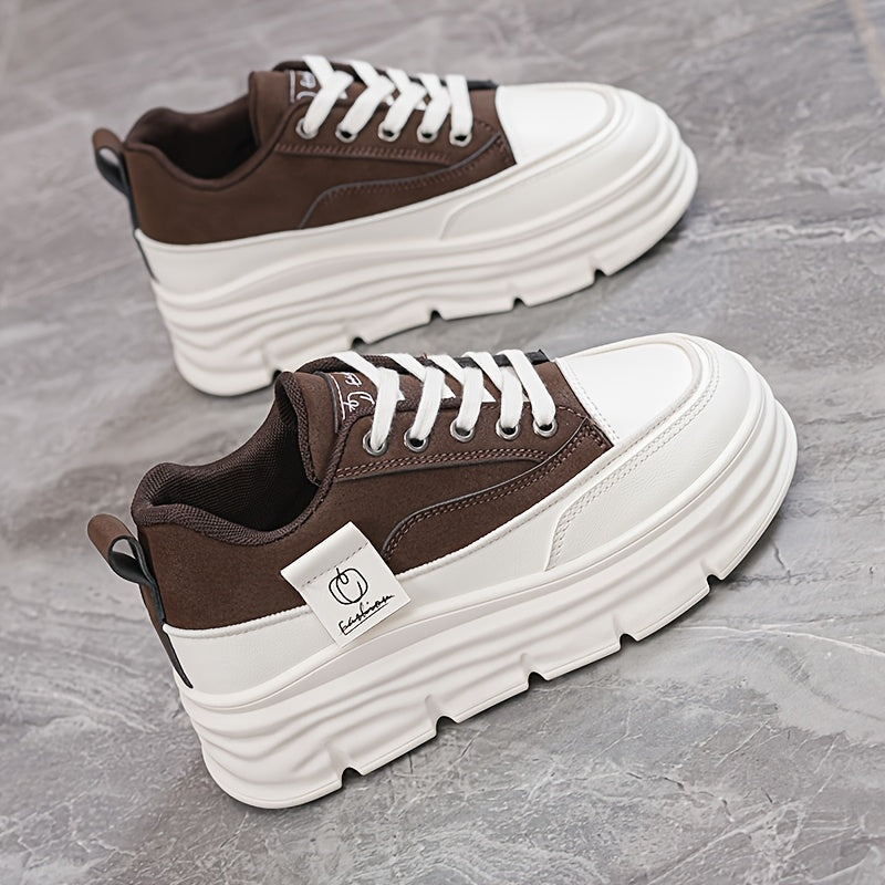 Women's Chunky Platform Sneakers Beige White Cushioned Sole Casual Shoes